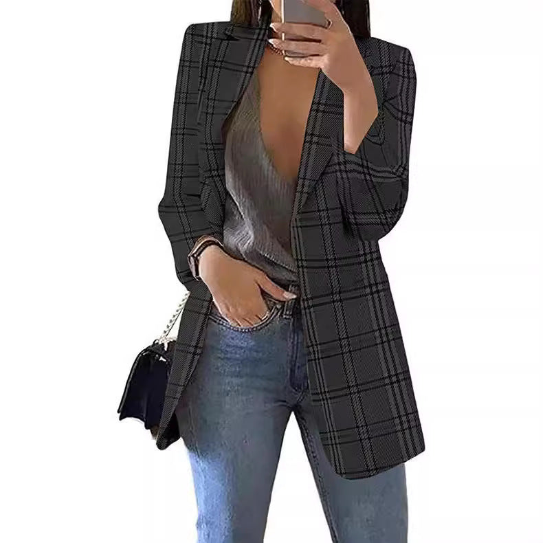 Women's tailored check blazer longline with structured shoulder area and open front Mune Fashion
