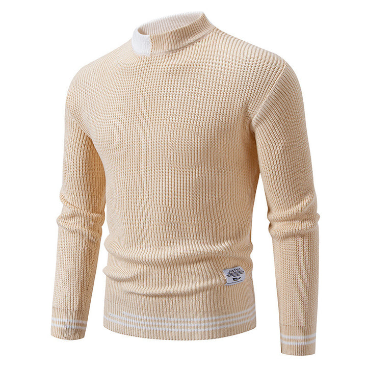 Men's fine ribbed knitted pullover with stand-up collar and contrast block design Mune Fashion