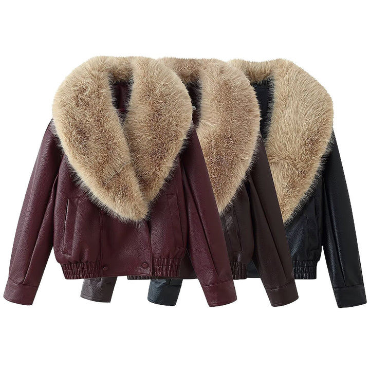 Women's Short-Cut Leather Bomber Jacket with Voluminous Removable Fur Collar Mune Fashion