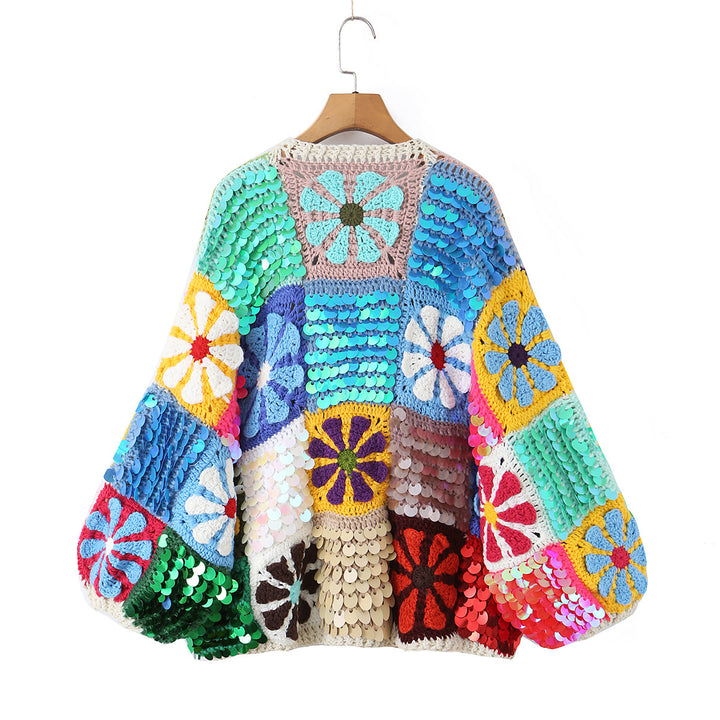 Women's playful crochet patchwork cardigan with sequins and flower appliqués Mune Fashion