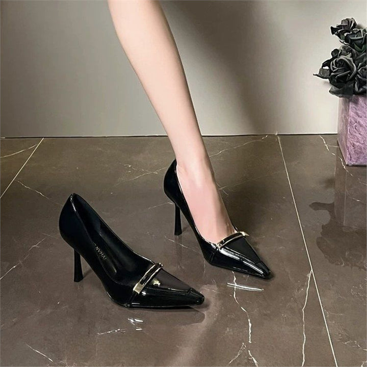 Women's pointed toe patent pumps with delicate metal strap and slim stiletto heel Mune Fashion