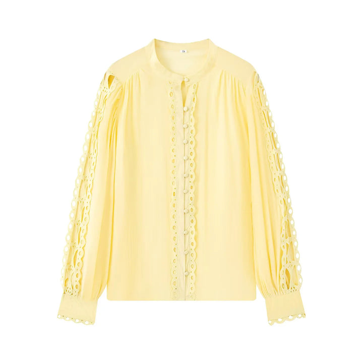 Women nan romantic blouse with lace sleeves, gathered balloon sleeves and decorative button placket Mune Fashion