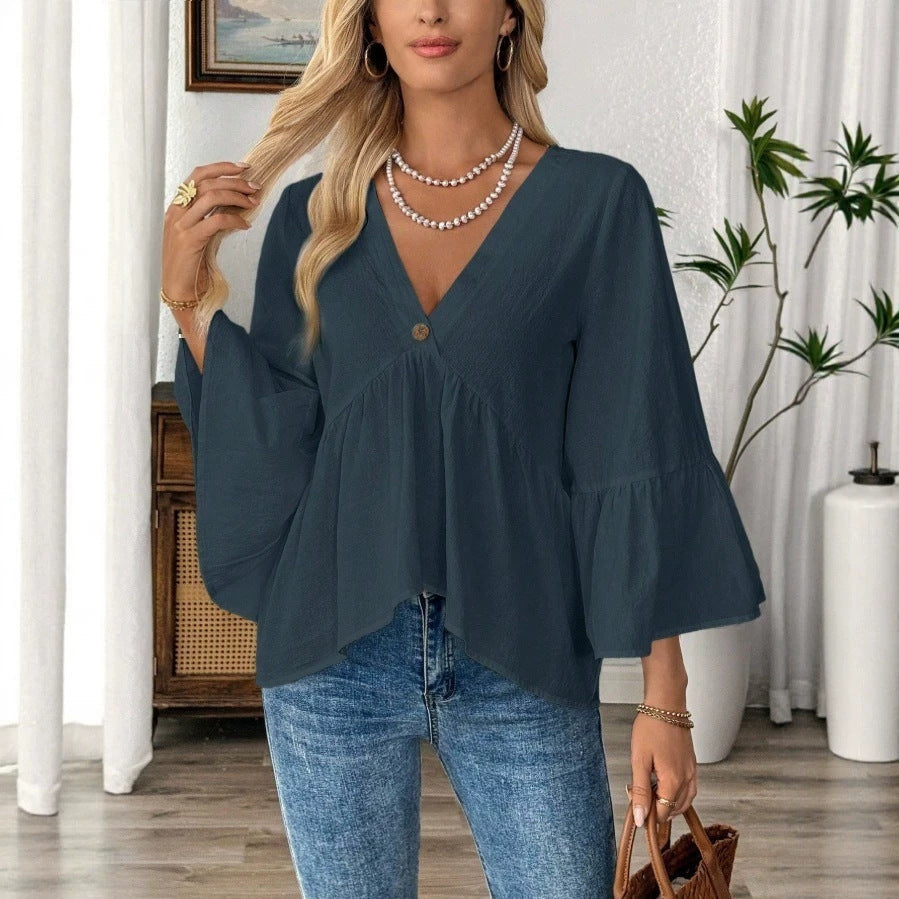 Women's elegant empire blouse with V-neck, gathered bust seam and bell sleeves Mune Fashion