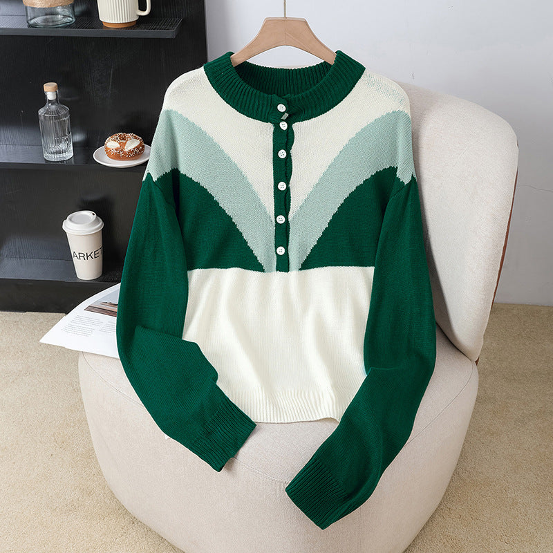 Women's Fashionable Knitted Sweater with Button Placket and Color Block Design Mune Fashion