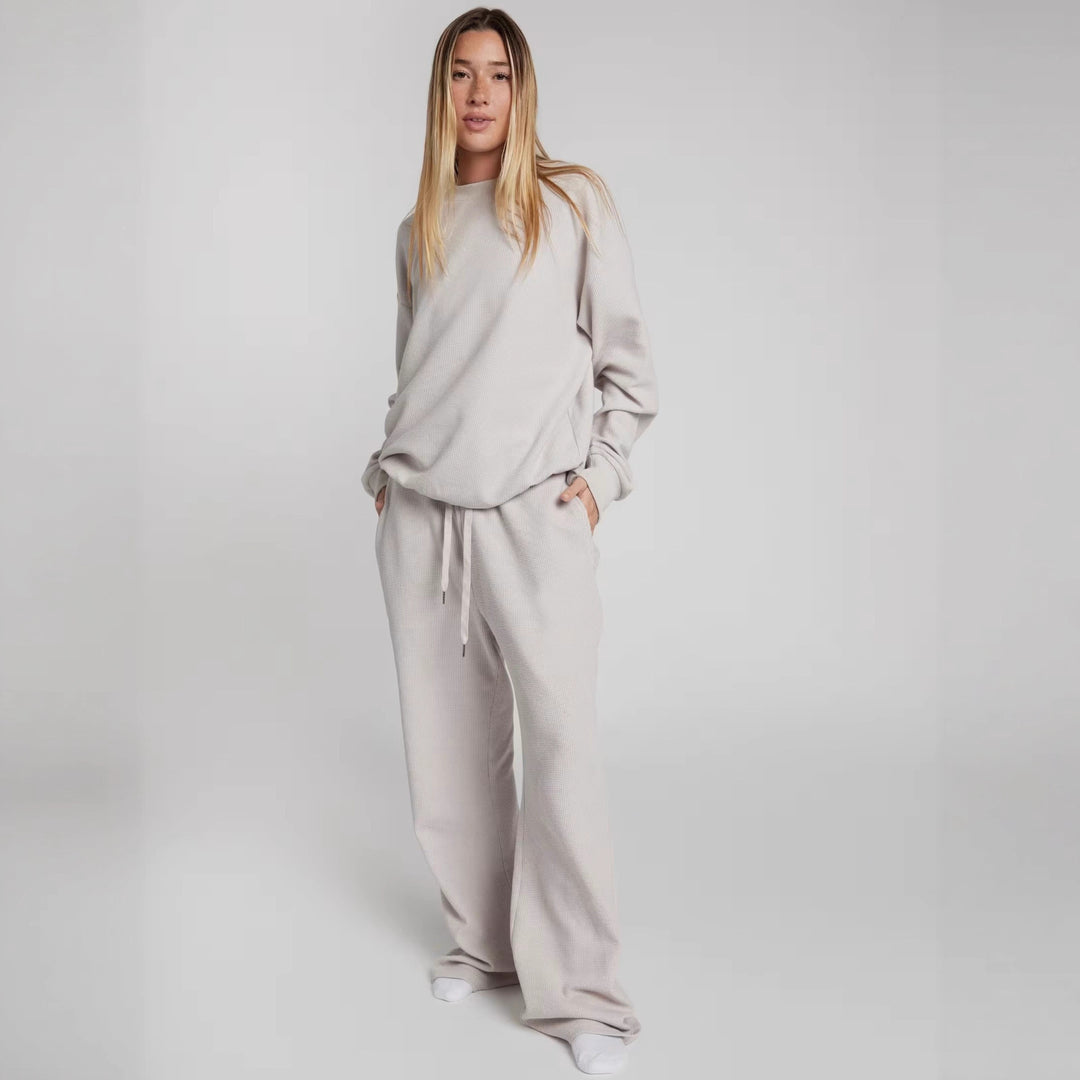 Ladies Waffle Knit Loungewear Set with Oversized Sweater and Drawstring Jogging Pants Mune Fashion