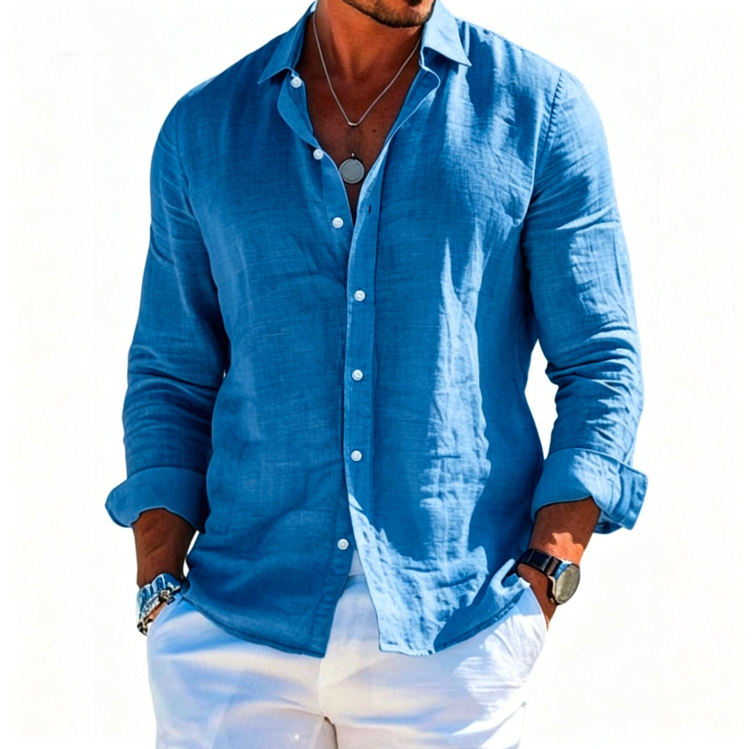 Men's structured linen shirt with open collar, lightweight texture and casual-tailored fit Mune Fashion