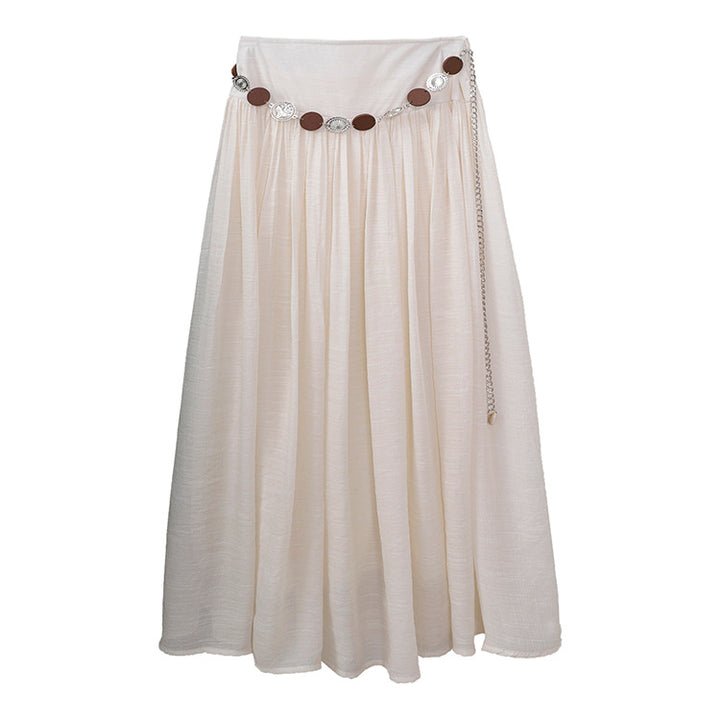 Women's maxi skirt with gathered waist, flowing flared shape and decorative coin belt Mune Fashion