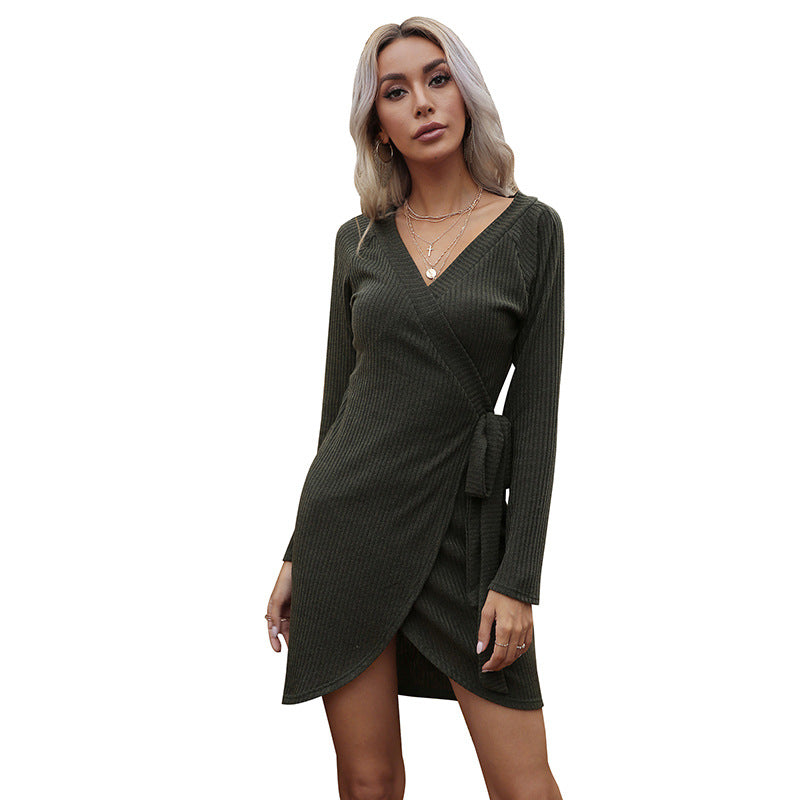 Ladies wrap knitted dress with ribbed texture and waist belt Mune Fashion