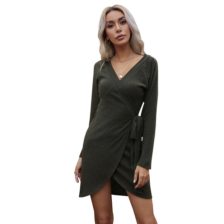 Ladies wrap knitted dress with ribbed texture and waist belt Mune Fashion