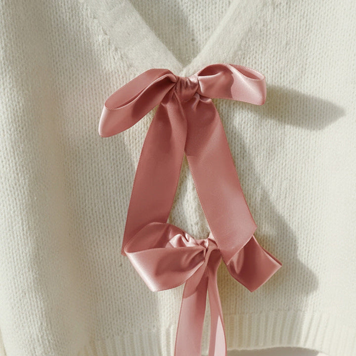 Women Short Cut V-Neck Mohair Blend Sweater with Satin Ribbons