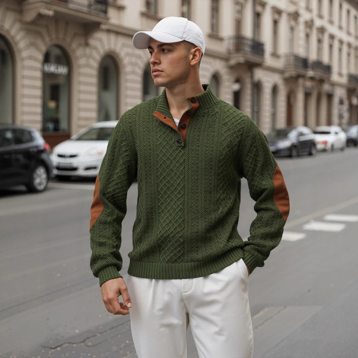 Men's troyer sweater with stand-up collar, structured knit look and contrast elbow patches Mune Fashion