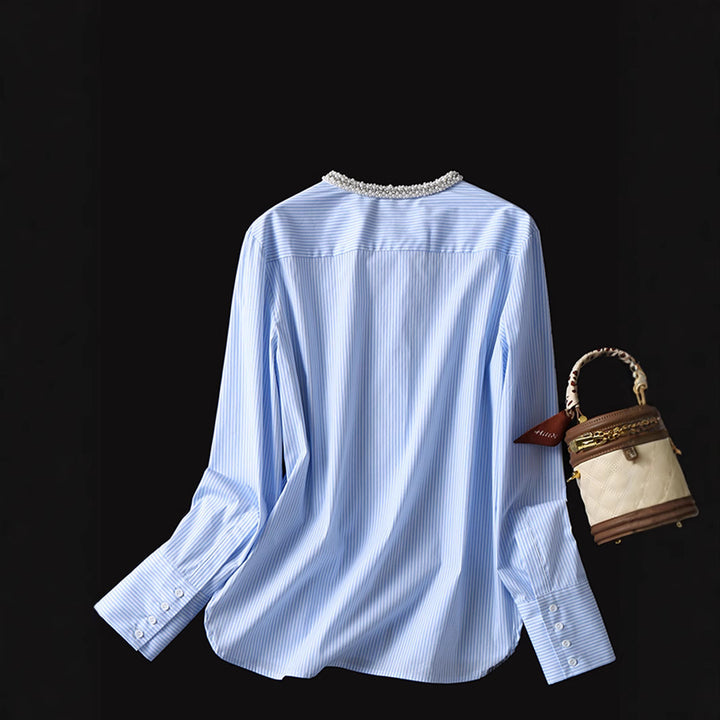Women Striped Blouse with Beaded Round Neck, Hidden Button Placket and Extra Long Cuffs Mune Fashion