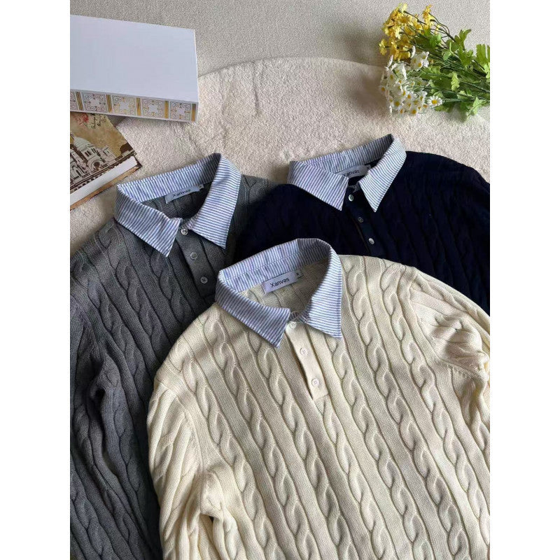 Women's knitted polo sweater with cable pattern and inserted shirt collar Mune Fashion