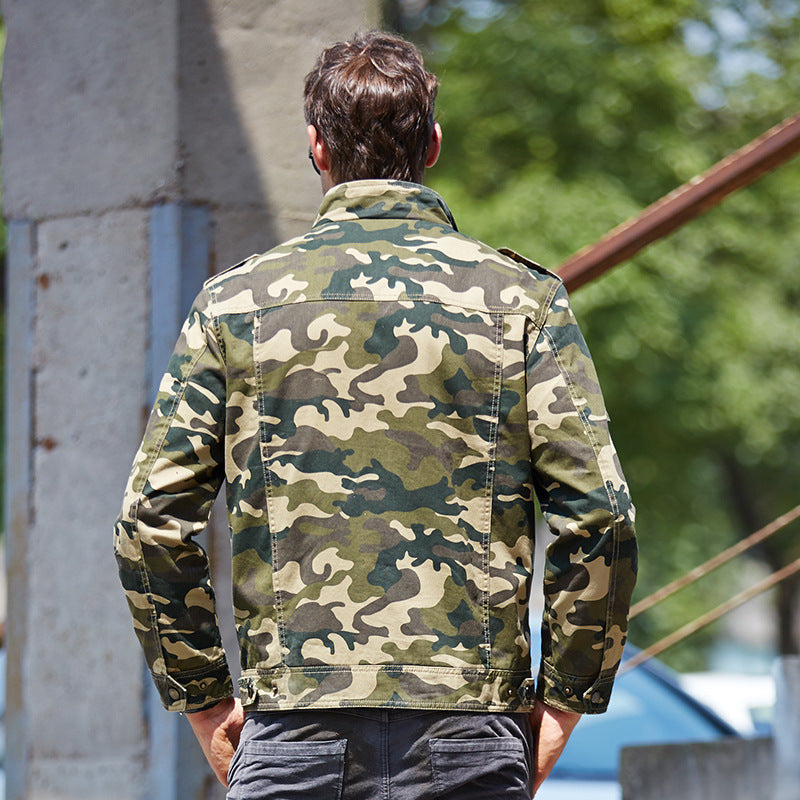 Men's Camouflage Field Jacket with Multifunction Pockets and High Stand Collar Mune Fashion
