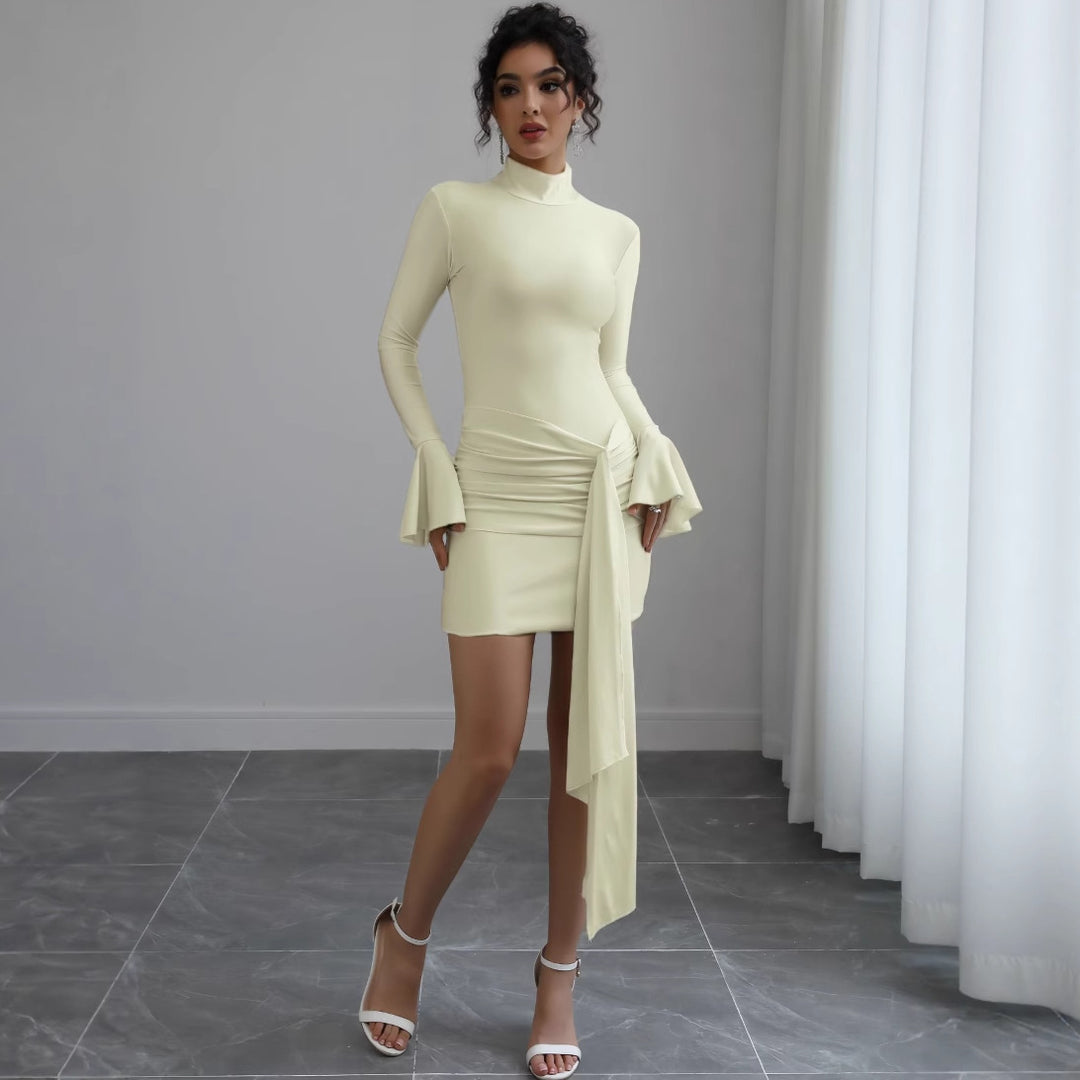 Women's Fitted Mini Dress with Turtleneck, Gathered, Tie Scarf and Bell Sleeves Mune Fashion