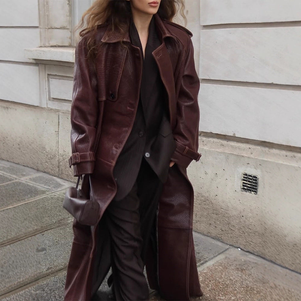 Women Long Trench Coat Made of Faux Leather with Oversized Shoulders and Tailored Silhouette Mune Fashion
