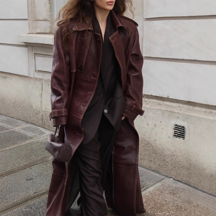 Women Long Trench Coat Made of Faux Leather with Oversized Shoulders and Tailored Silhouette Mune Fashion