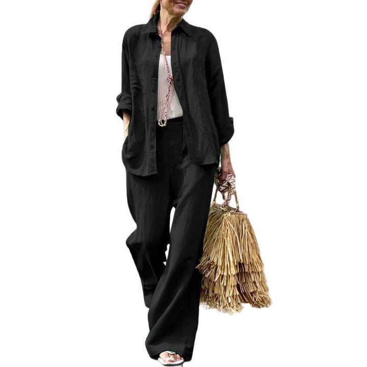 Women's Lightweight Linen Two-Piece Set with Loose Shirt Blouse and Wide High-Waist Pants Mune Fashion