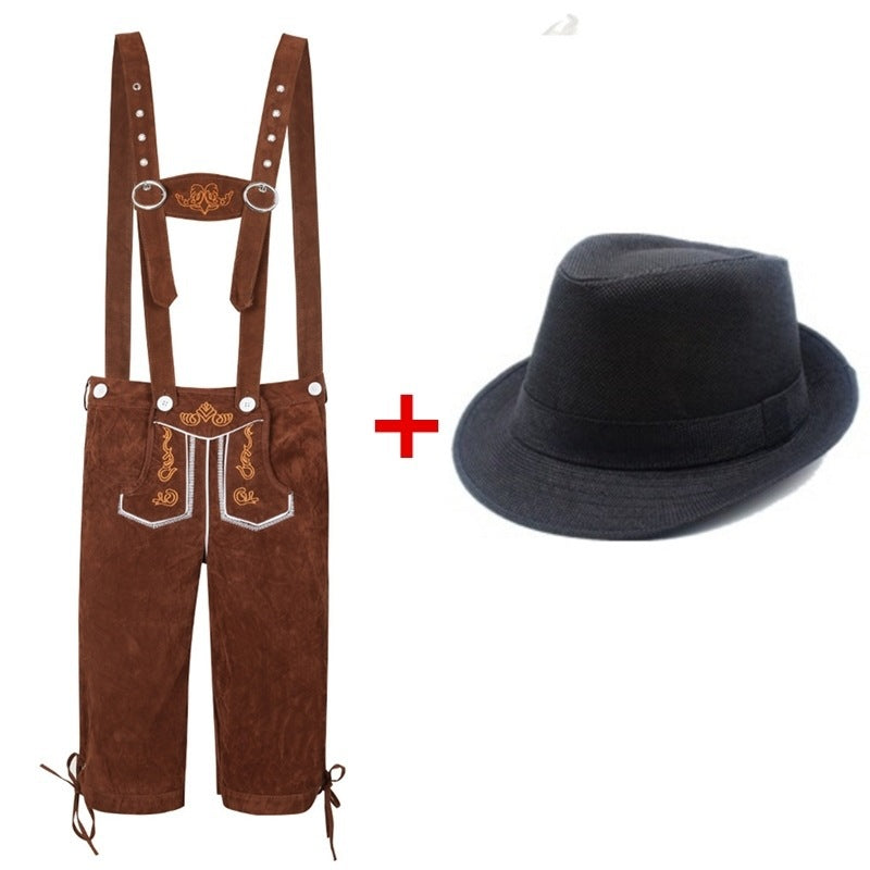 Men's Trachten leather shorts knee-length with adjustable suspenders and felt hat Mune Fashion
