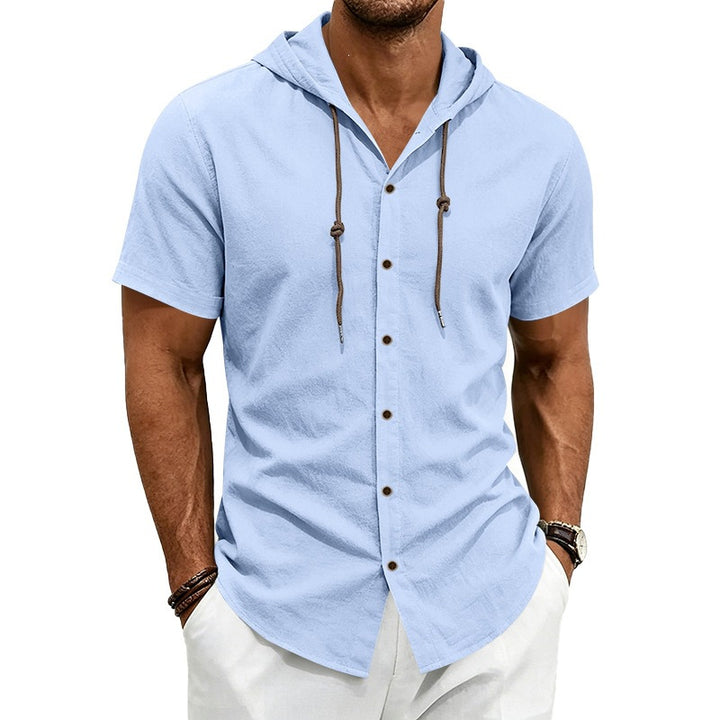 Men's short-sleeve hooded shirt in linen look with button placket and drawstring Mune Fashion