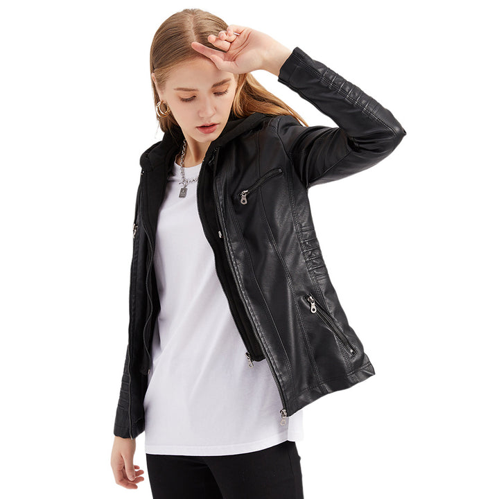 Women nan tailored faux leather jacket with hood, quilted arm flap and concealed zipper pockets Mune Fashion
