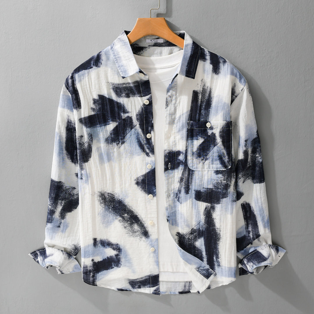 Men's Long Sleeve Shirt Jacket with Abstract Brush Print and Fine Crinkle Structure Mune Fashion