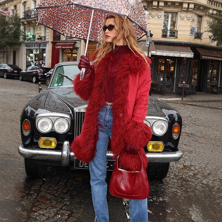 Women Longer Faux Fur Coat with Voluminous Shawl Collar and Decorative Fur Cuffs Mune Fashion