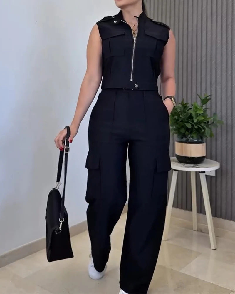 Women's Two-Piece Utility Set with High-Waist Cargo Pants and Cropped Vest Drune