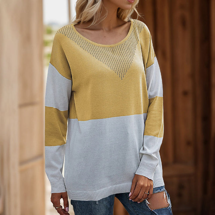 Women's Oversize Knitted Sweater with Round Neck, Eyelet Triangle and Block Stripes Mune Fashion