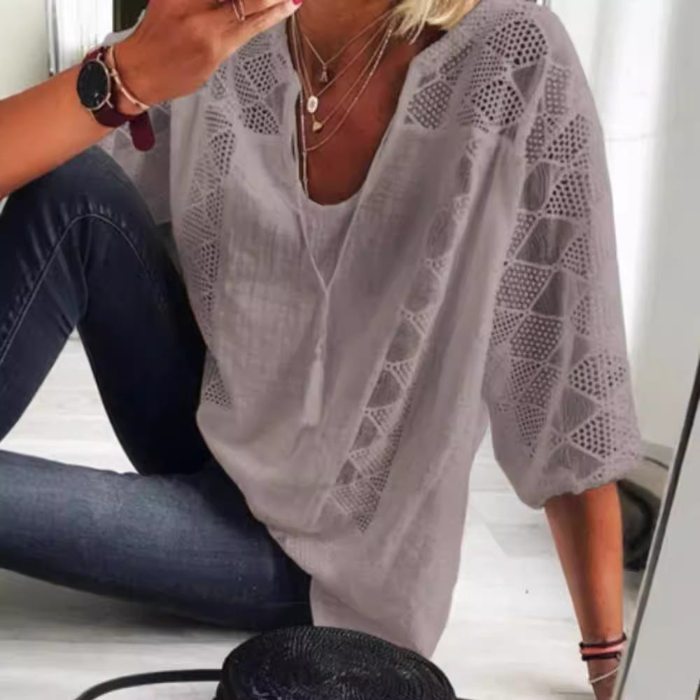 Women's airy blouse with deep neckline, lace inserts and balloon sleeves Mune Fashion