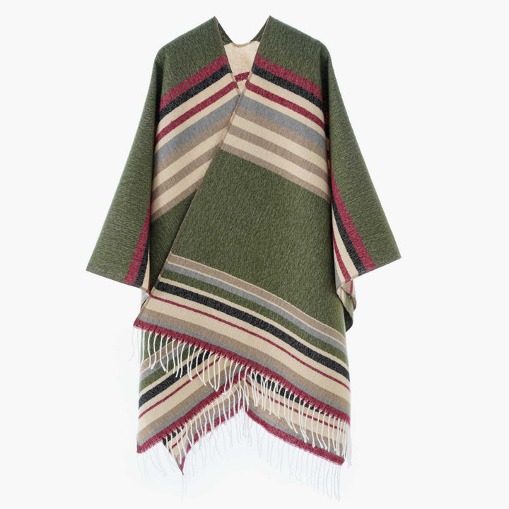 Women's Striped Wool Blend Poncho with Fringed Hem Mune Fashion