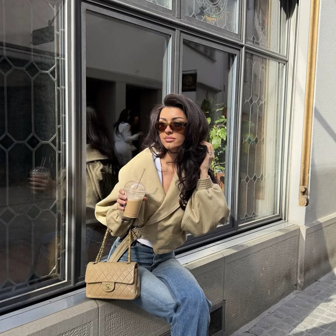 Women Short Cut Wrap Jacket with Large Shawl Collar, Waist Tie and Balloon Sleeves Mune Fashion