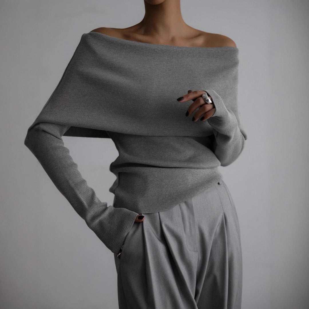 Women's off-the-shoulder fine knit sweater with foldable Carmen collar Mune Fashion