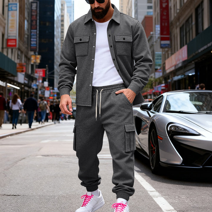 Men's casual cotton blend overshirt and cargo jogger set with drawstring, patch pockets, and elastic cuffs Mune Fashion