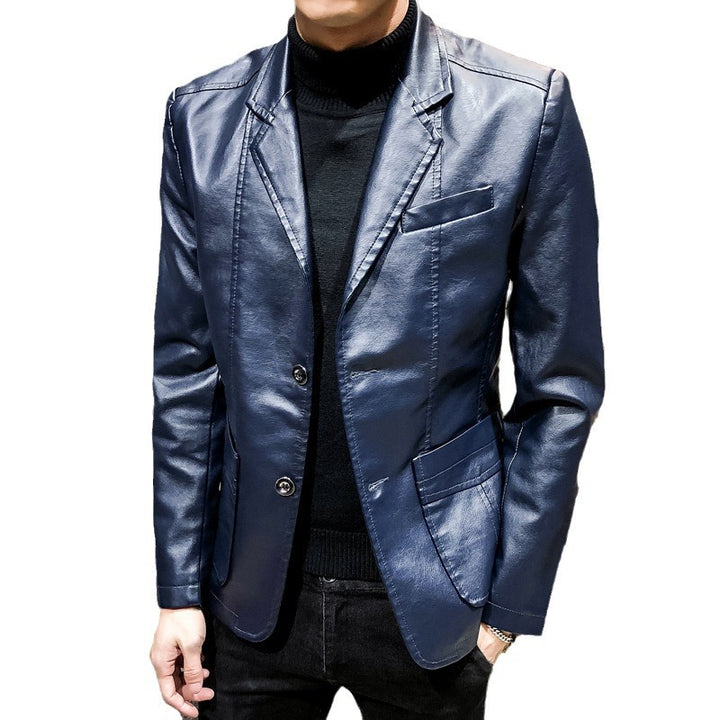 Men's Casual Slim-Fit Faux Leather Blazer with Notched Lapel and Patch Pockets Mune Fashion