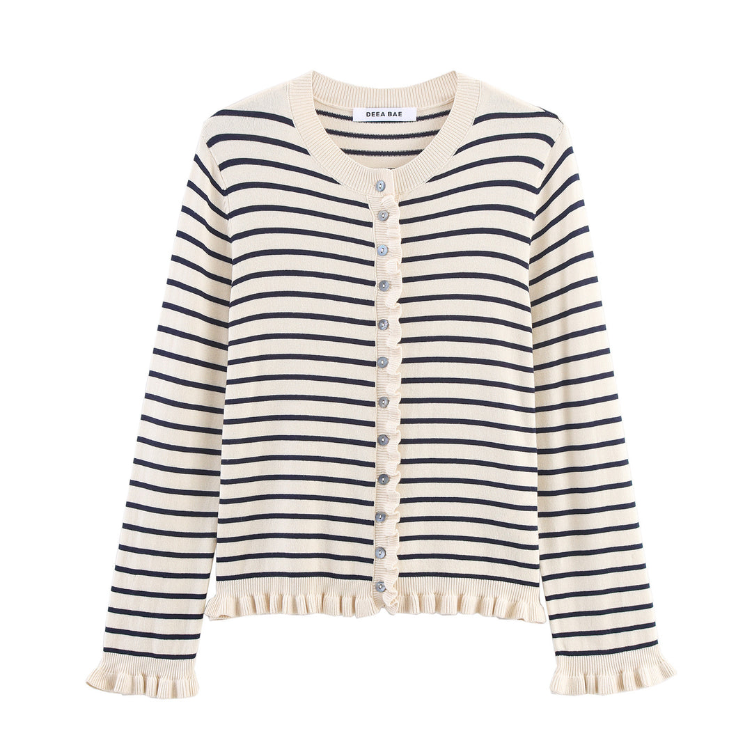 Ladies' Fine Knit Cardigan with Ruffle Trim and Pearl Buttons Mune Fashion