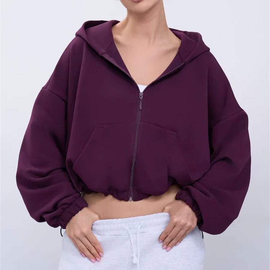 Women's casual cropped fleece hoodie with drawstring waistband, raglan sleeves and zip closure