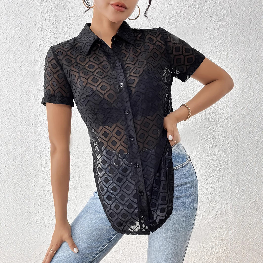Women's tailored cropped blouse made of sheer mesh with a shirt collar and knot detail Mune Fashion