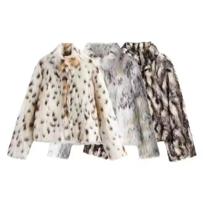 Women's Cropped Faux Fur Jacket with Multicolored Spot Design and Stand Collar Mune Fashion