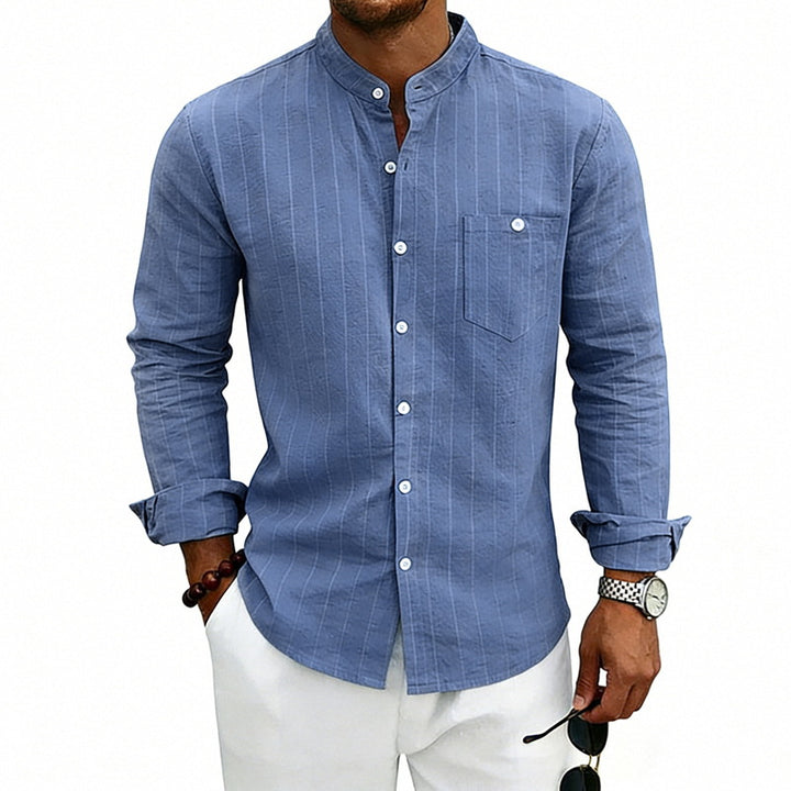 Men's breathable pinstripe long-sleeve shirt with stand collar, chest pocket, and rounded hem Mune Fashion