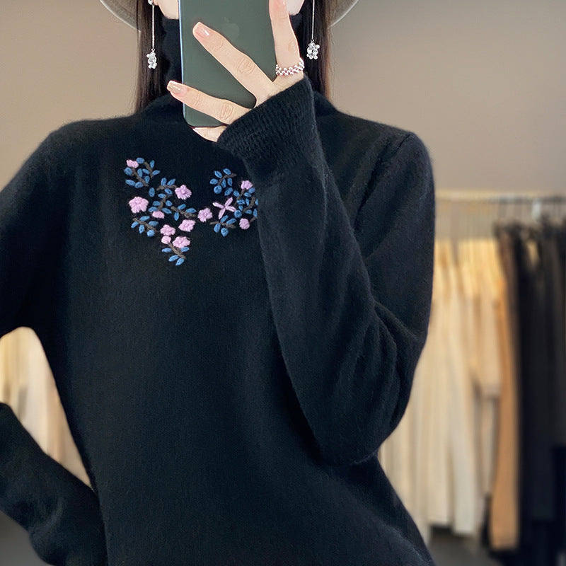 Women's Cashmere-Optics Turtleneck Sweater with Delicate Floral Embroidery on the Chest Area Mune Fashion