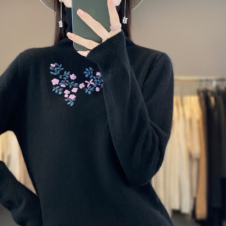 Women's Cashmere-Optics Turtleneck Sweater with Delicate Floral Embroidery on the Chest Area Mune Fashion