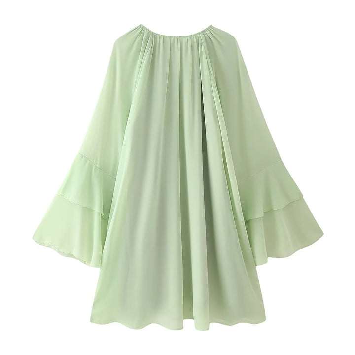 Women's flowing chiffon midi dress with ruffle trim, wide bell sleeves, and gathered round neckline Mune Fashion