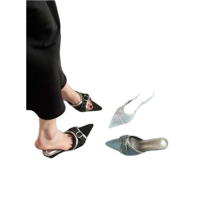 Women’s pointed slip-on mules with double buckle strap and metallic trim Mune Fashion