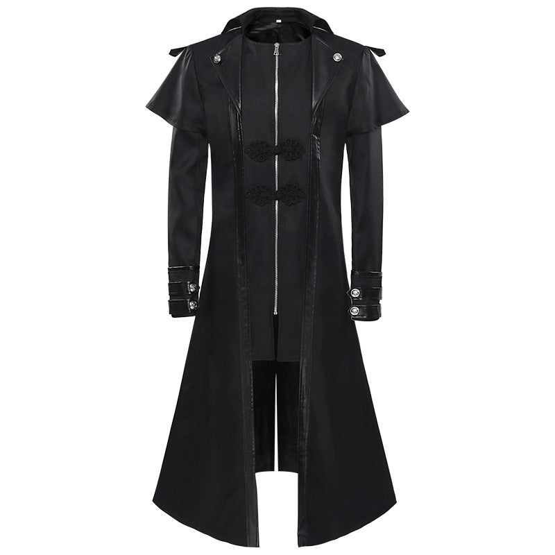 Men's long coat with double-layer shoulder cape, concealed zipper inner lining, and adjustable cuffs