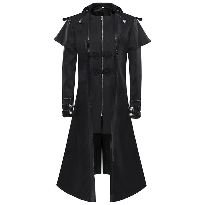 Men's long coat with double-layer shoulder cape, concealed zipper inner lining, and adjustable cuffs