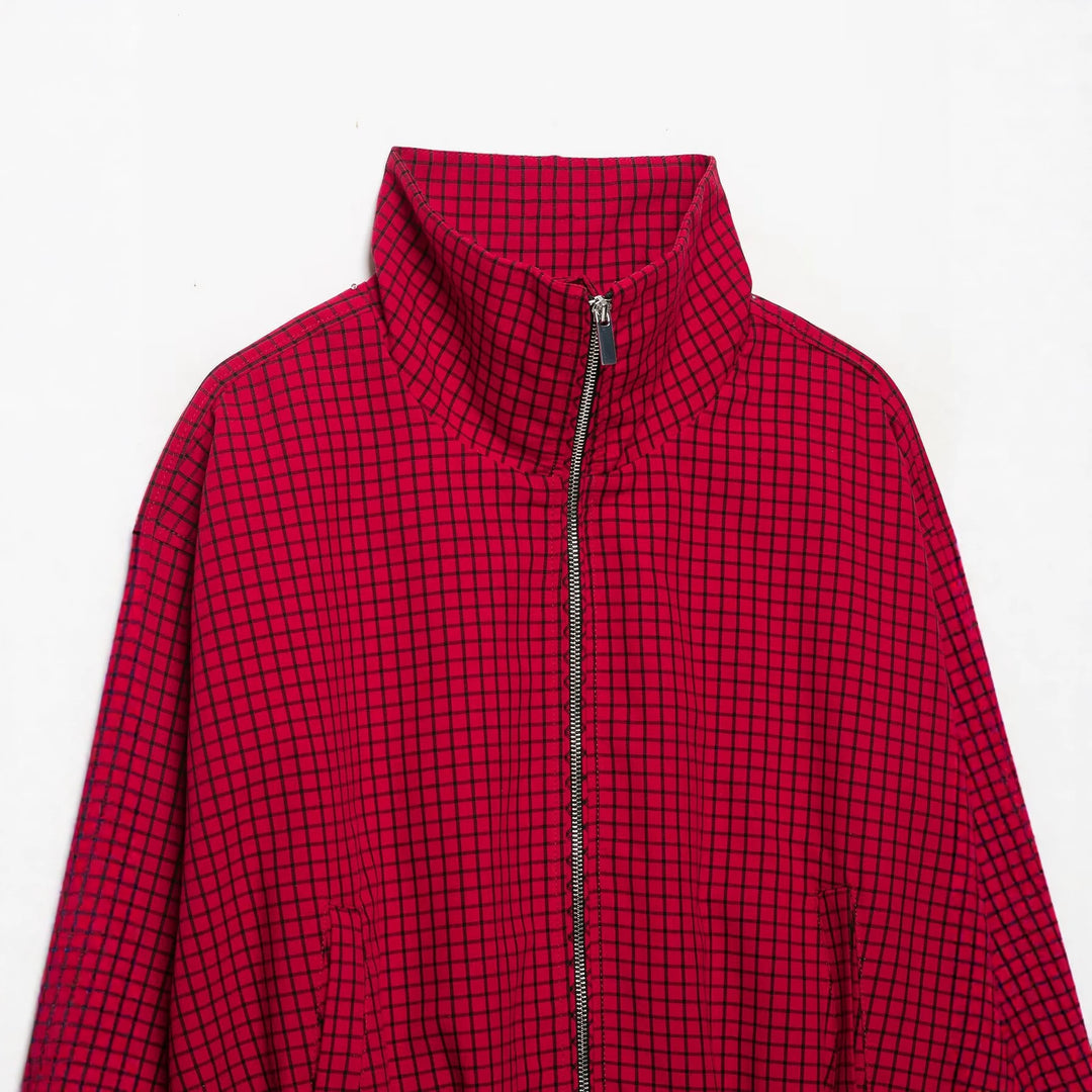 Women's Cropped Transition Jacket with High Funnel Collar, Check Pattern and Elastic Hem Mune Fashion