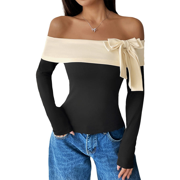 Women's Off-Shoulder Long Sleeve Top with Wide Folded Collar and Decorative Bow