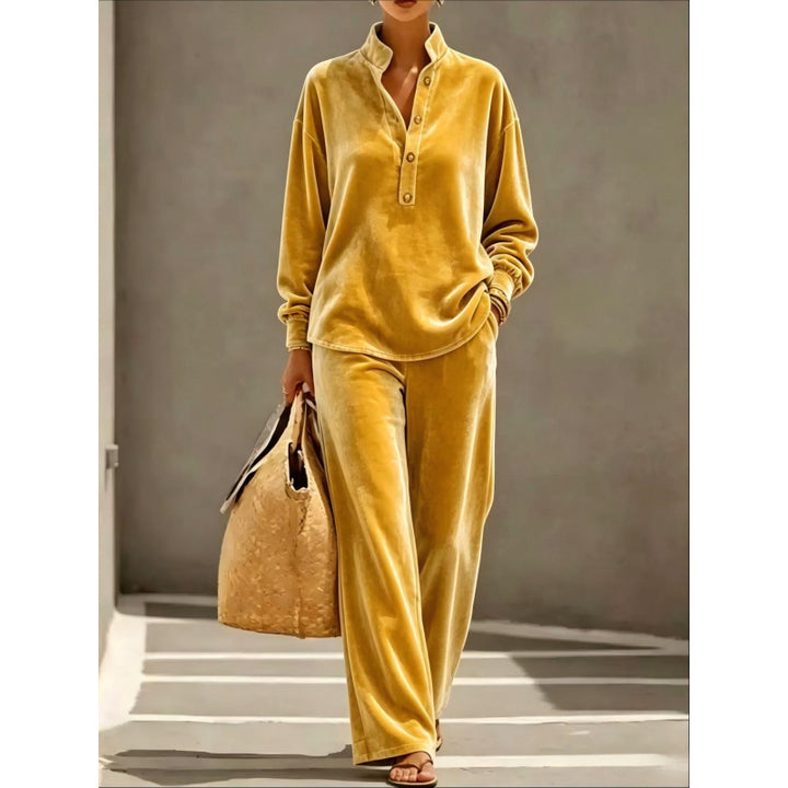 Ladies Velour Loungewear Set with Stand Collar Henley Top and Wide Palazzo Pants Mune Fashion