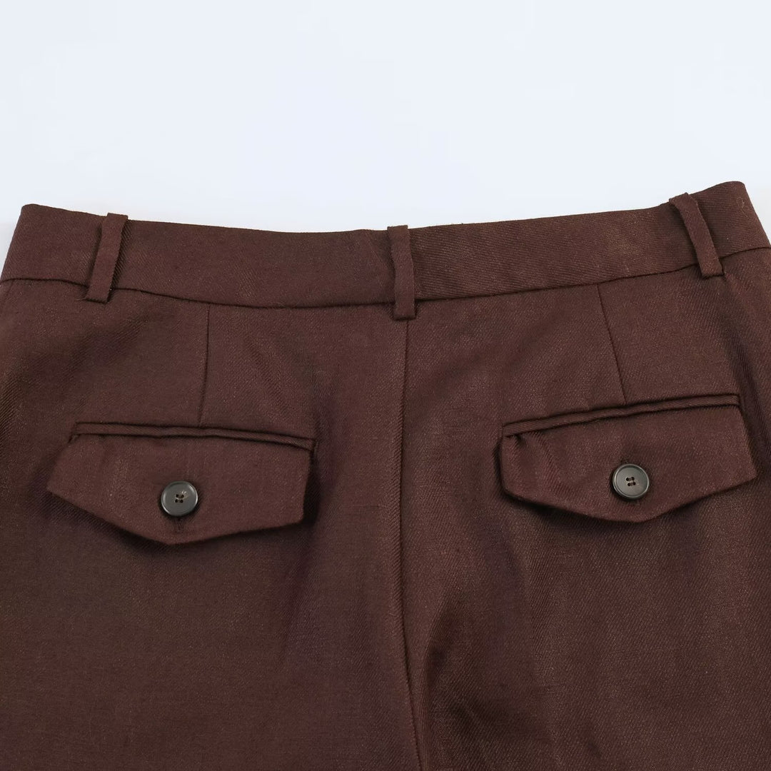 Women's straight-cut linen blend pants with a high waistband, crease and side pockets Mune Fashion